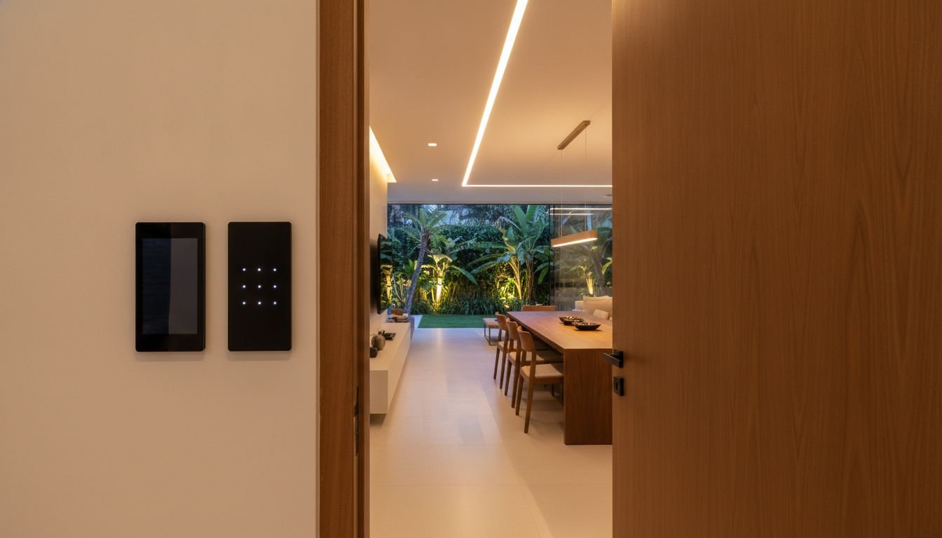 Imagem ilustrativa: parede na entrada de uma sala com painel touch de automação e interruptor touch de vidro preto embutidos, porta de madeira aberta e ambiente iluminado ao fundo.