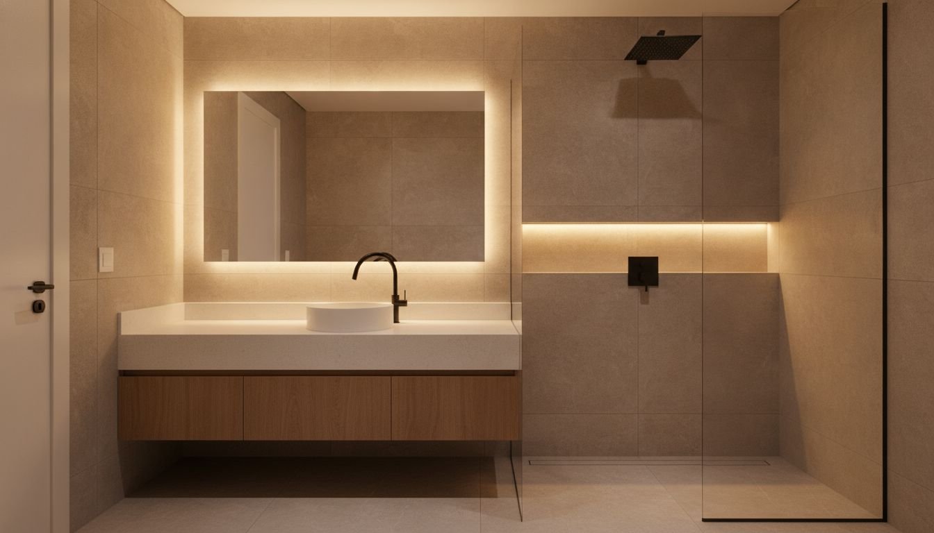 Imagem ilustrativa: banheiro com cuba de apoio e misturador preto na bancada, espelho com luz de LED, box de vidro com chuveiro preto, nicho iluminado e ralo linear no piso.