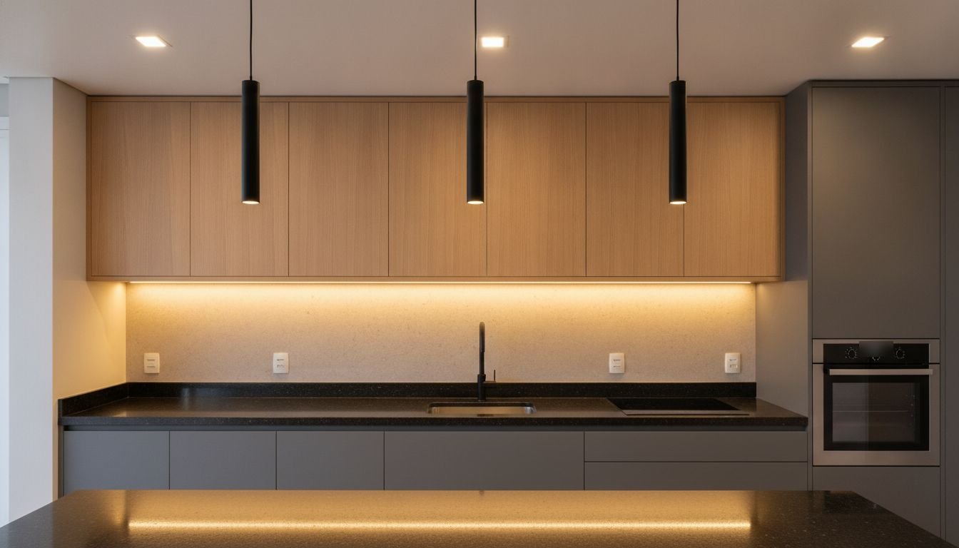 Imagem ilustrativa: cozinha com armários de madeira clara, fita de LED iluminando o frontão de pedra, bancada de granito preto, três pendentes cilíndricos e forno embutido.