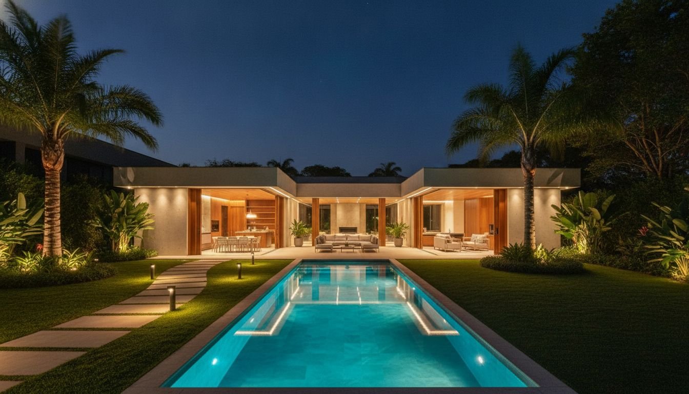 Imagem ilustrativa: quintal de casa térrea à noite, com piscina retangular iluminada por LED subaquático, balizadores no caminho de pedra e palmeiras com luz de baixo para cima.