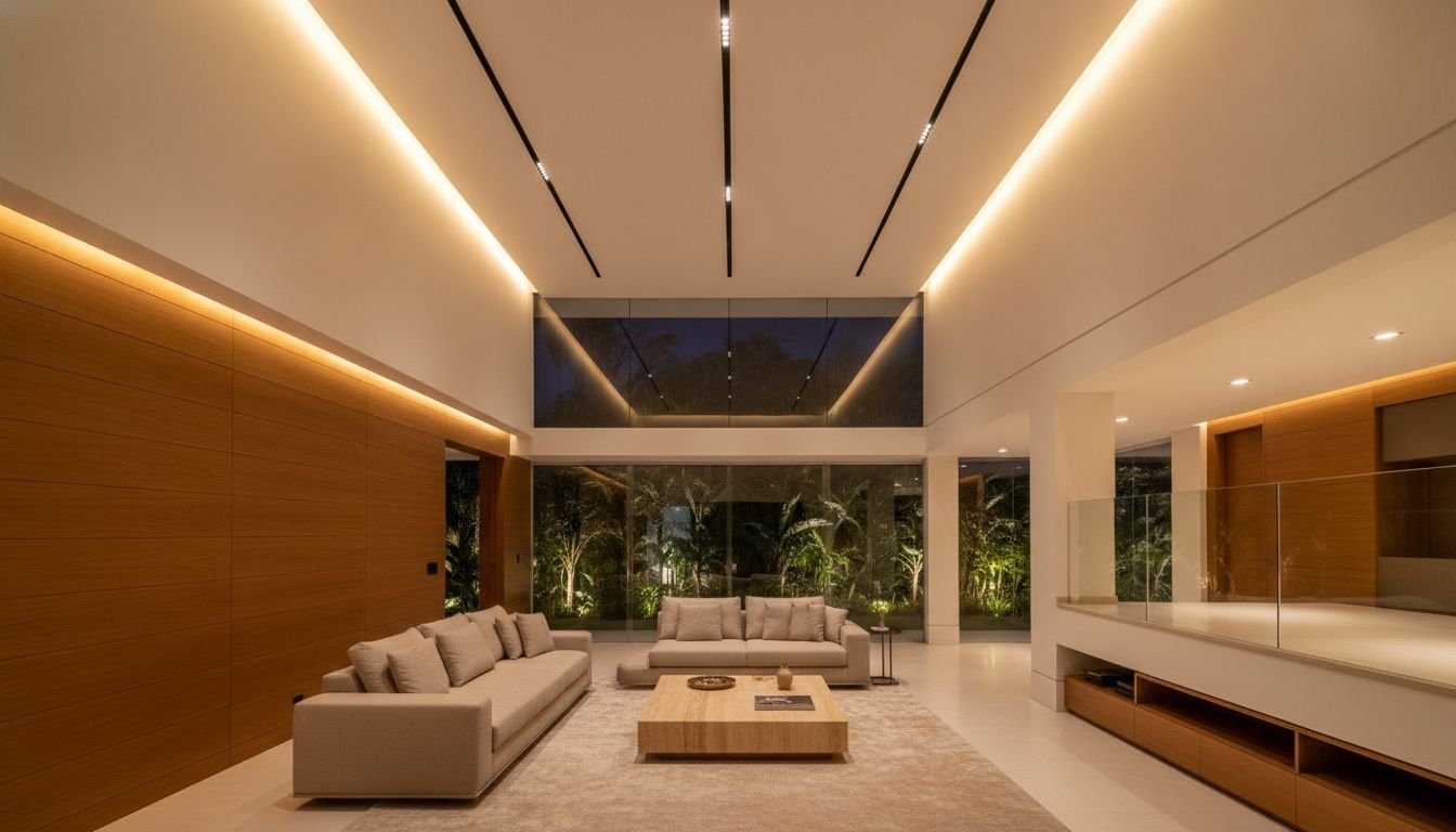 Imagem ilustrativa: sala com pé-direito duplo, sanca de gesso com luz indireta quente, perfis lineares pretos embutidos no forro e jardim iluminado atrás do vidro.