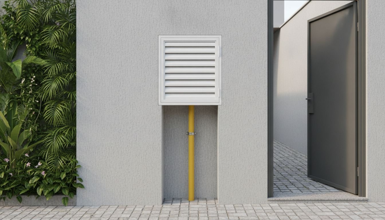 Imagem ilustrativa: abrigo de medição de gás embutido no muro de uma casa, com porta de veneziana fechada e tubo amarelo subindo do piso até o abrigo.